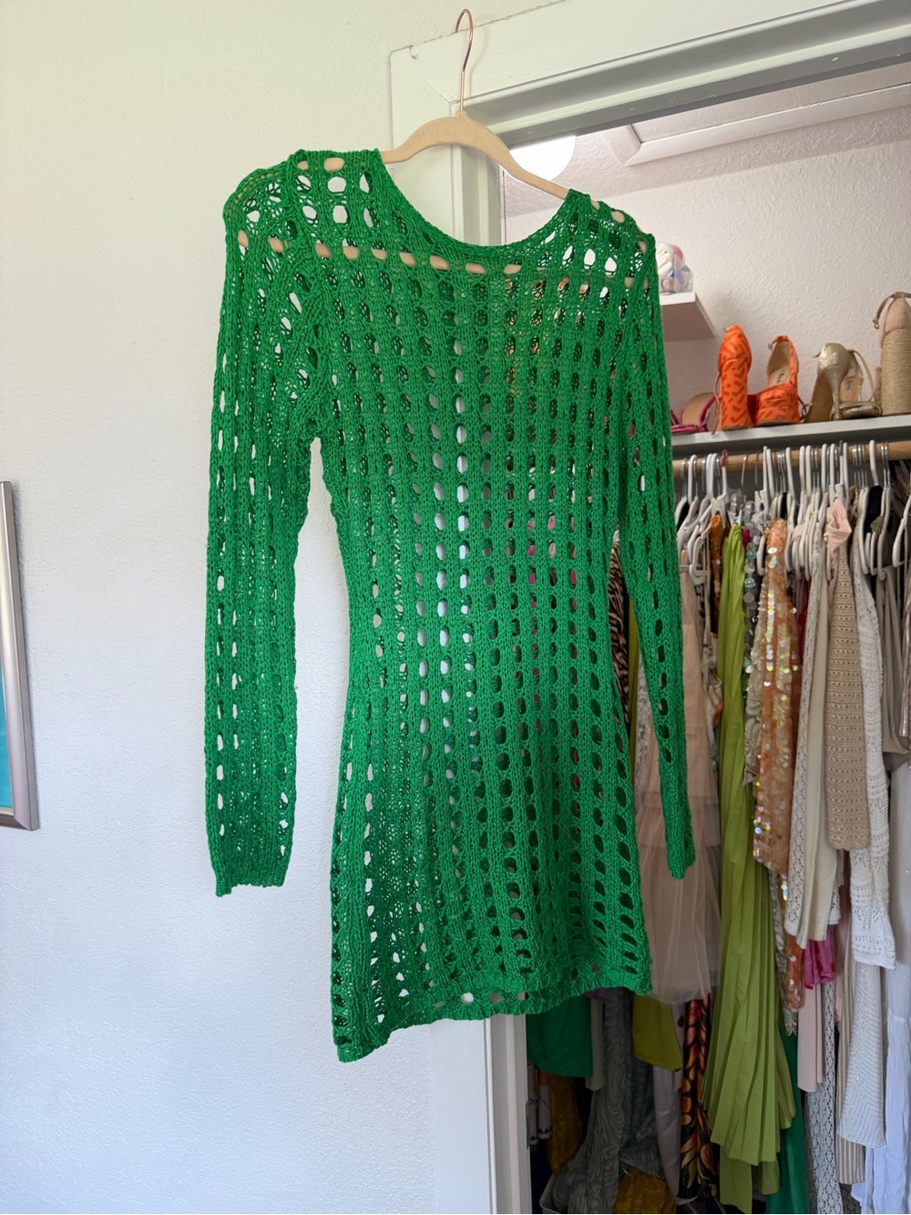 Green Crochet Long-Sleeve Women's Dress